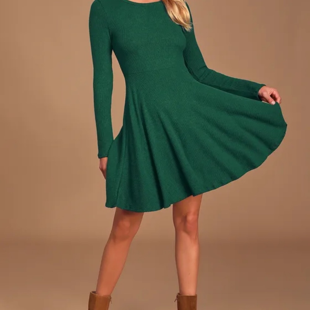 Lulus Fit And Fair Hunter Green Ribbed Knit Long Sleeve Skater Dress - Size XS